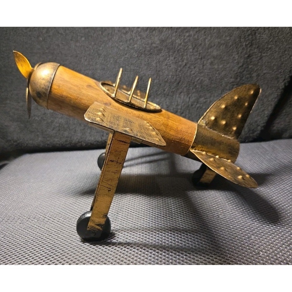 Handcrafted Wood & Metal Airplane Sculpture Vintage Style Folk Art 8.5"